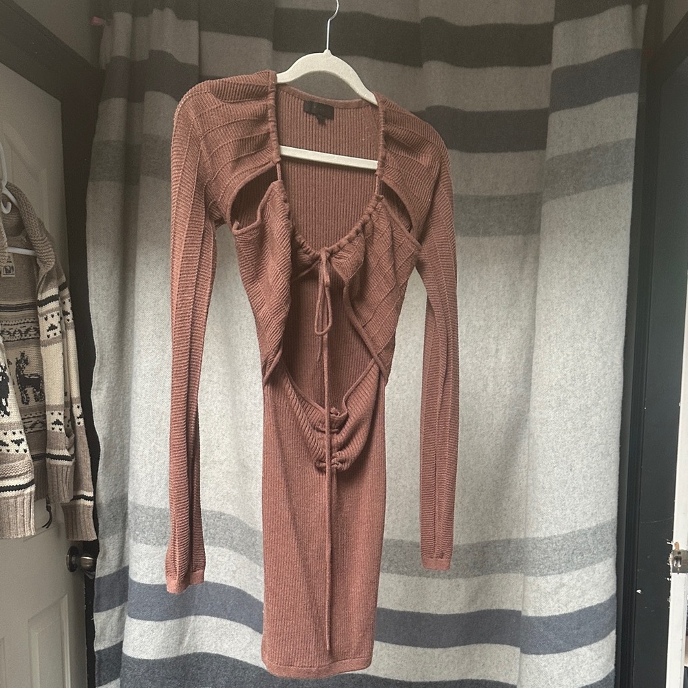 Willa Ruched Cut Out Mini Dress in Dark Terracotta
H:OURS